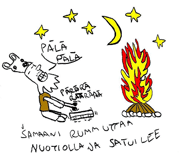 Shamaani lyö rumpua nuotion äärellä juhlamenoissa